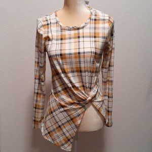 B Famous #USA Gold Black Cream Gingham Squares Asymetrical Shirt - Size Medium